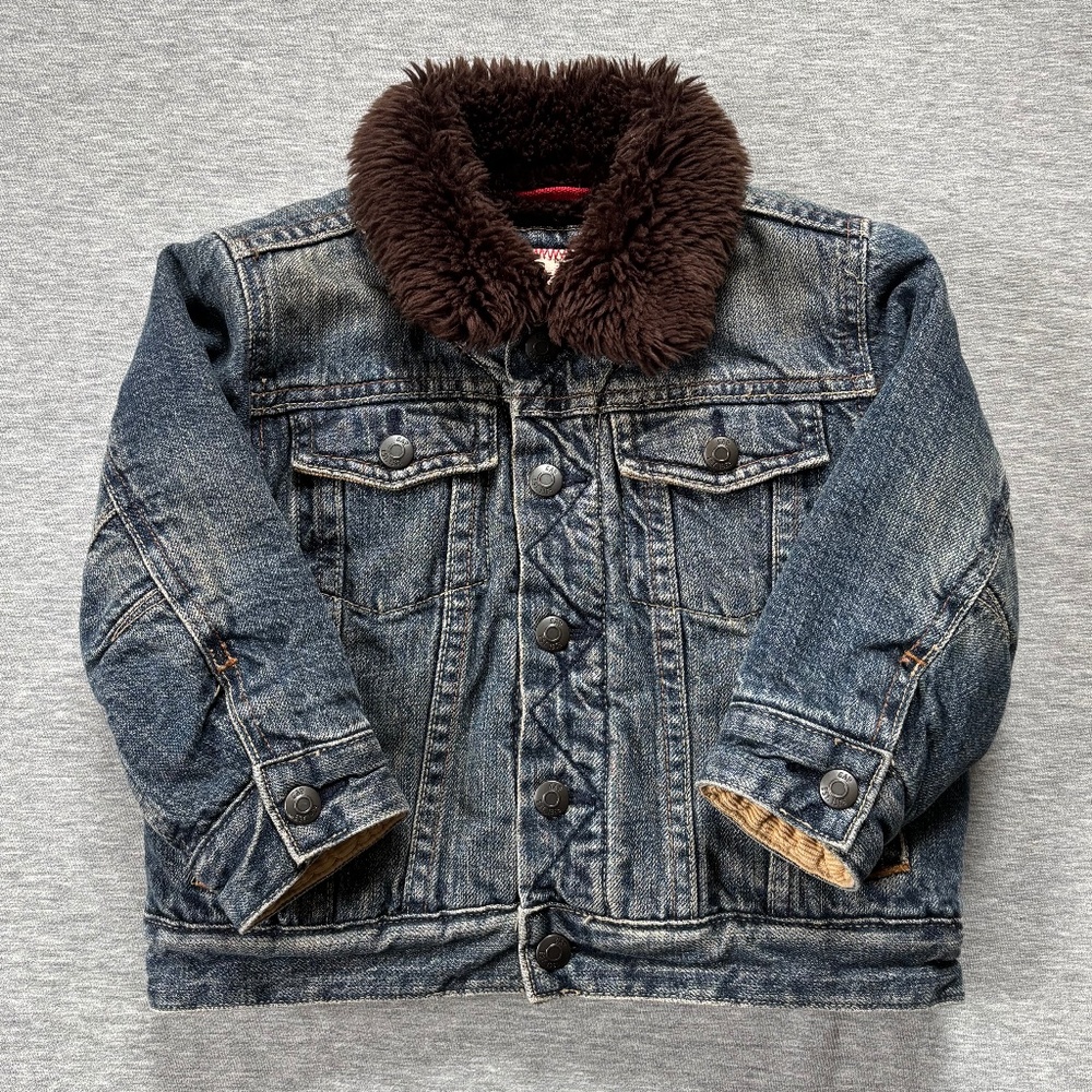 GAP Boys 3T Blue Denim Jean Brown Sherpa-Lined Fall / Winter Jacket Coat